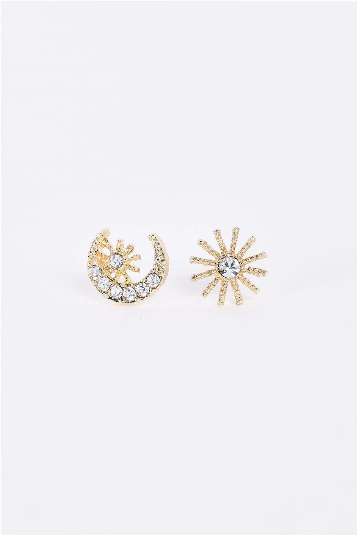 Gold Moon & Star Faux Gems Incrusted Stud Earrings